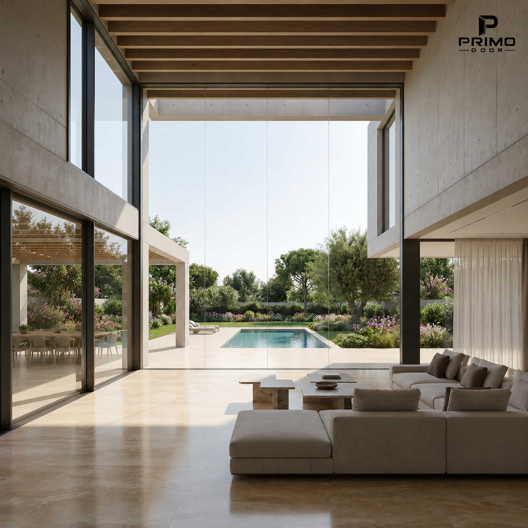 Vách Panorama Nhôm Kính nhìn ra hồ bơi và sân vườn