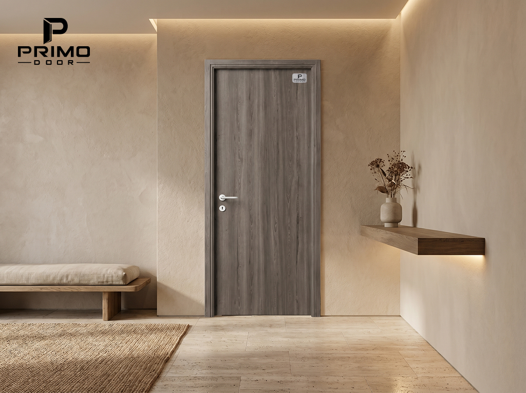 Cửa gỗ chống cháy Khói Nâu VT 413 PRIMO DOOR – mặt chính diện vân gỗ nâu xám khói
